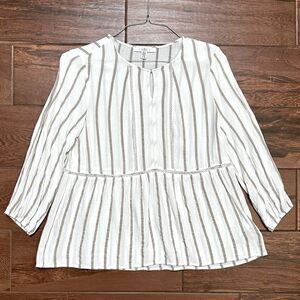 Women's Boho Blouse Shirt Top Ivory Ticking/Stripe Sz Large